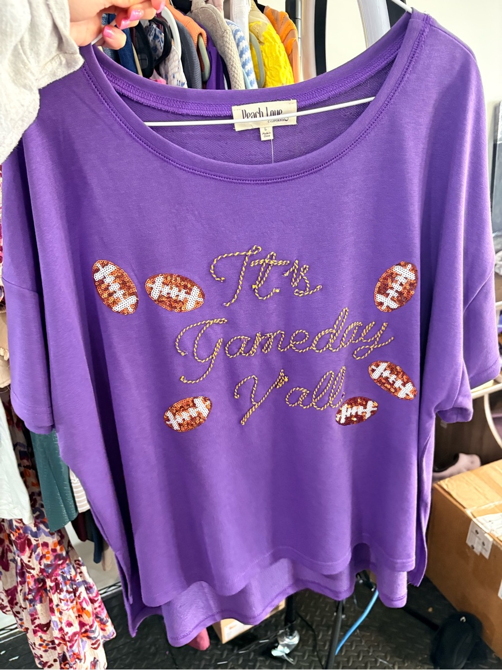 Peach Love California Purple "It's Gameday Y'all" Sequin Football Tee